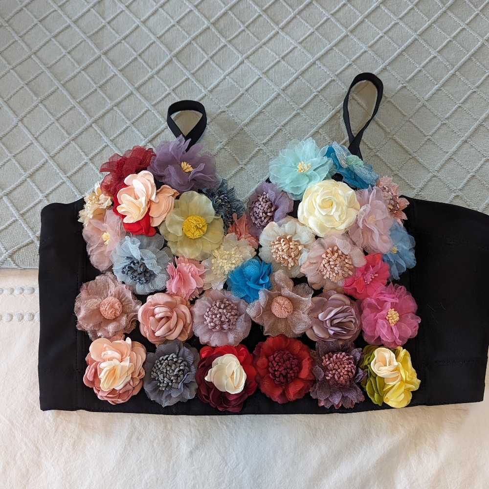 3D Floral Bustier Bra Top with Straps - L